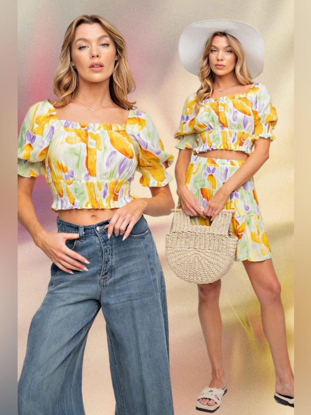 Easel | Mediterranean Summer Watercolor Puff Sleeve Crop Top Orange New Medium
